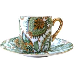 Paisley China Demitasse Cup & Saucer Green Gold White Floral Vintage Japanese